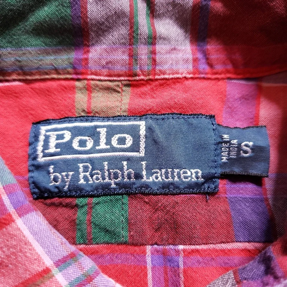 Vintage Polo Ralph Lauren‎ Shirt Men S Red Madras Plaid Epaulets 90s Workshirt